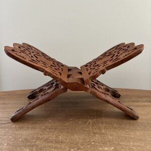 Vintage Hand Carved Wood Folding Cookbook Holder Bible Book Display Stand Boho